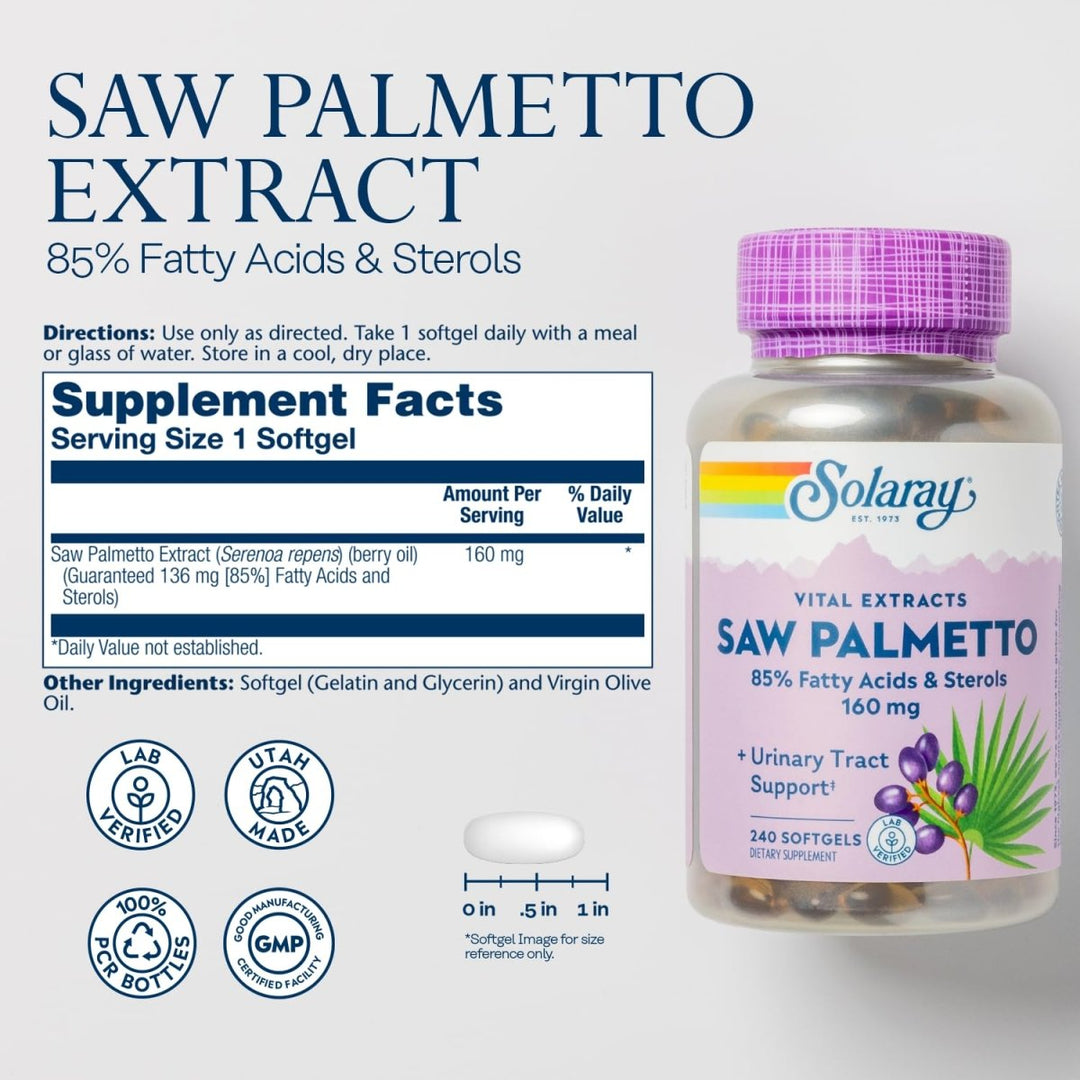 SOLARAY Saw Palmetto Extract - Prostate Health and Urinary Tract Support - 136 mg Fatty Acids and Sterols - Lab Verified, 60-Day Money-Back Guarantee (240 Servings, 240 Softgels) - Supplement Facts panel