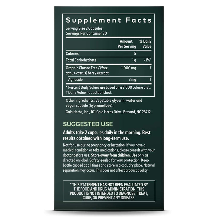 Gaia Herbs Vitex Berry, Chasteberry, Hormone Balance for Women, Vegan Liquid Capsules, 60 Count ( Pack Of 2 ) - Supplement Facts panel