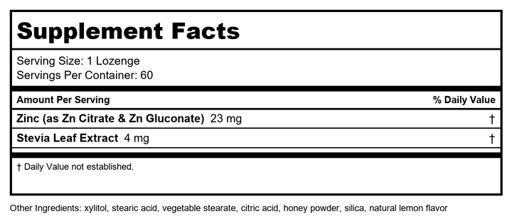 Little DaVinci Immuni-z - Kids Zinc Lozenge to Support Immune Health, Throat Tissue, Brain Health and Development, Sleep and Focus* - with Zinc Citrate and More - Lemon Flavor - 60 Lozenges - Supplement Facts panel