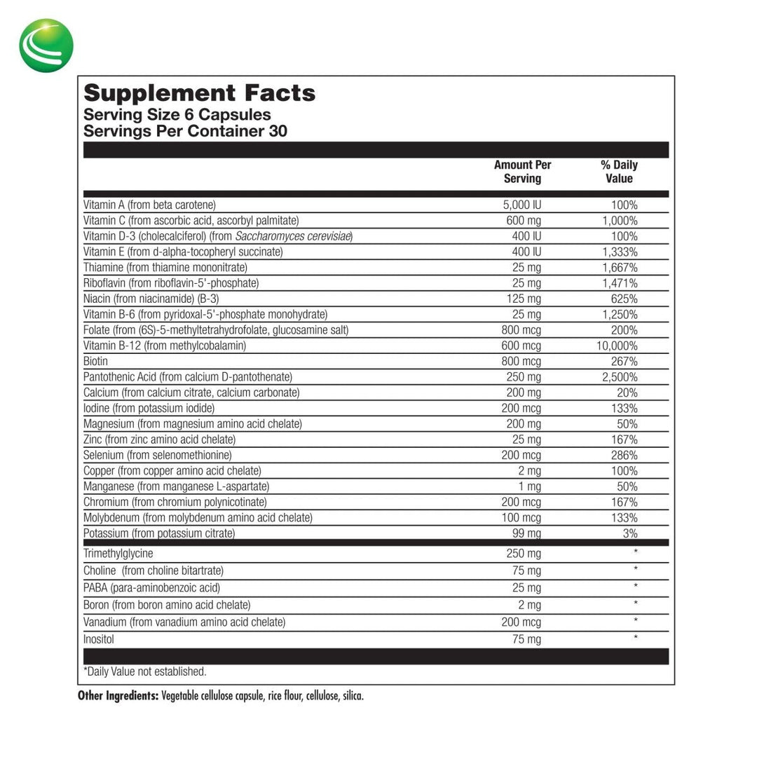 Nutra BioGenesis - Ultra Genesis Without Iron, 180 Capsules - Supplement Facts panel