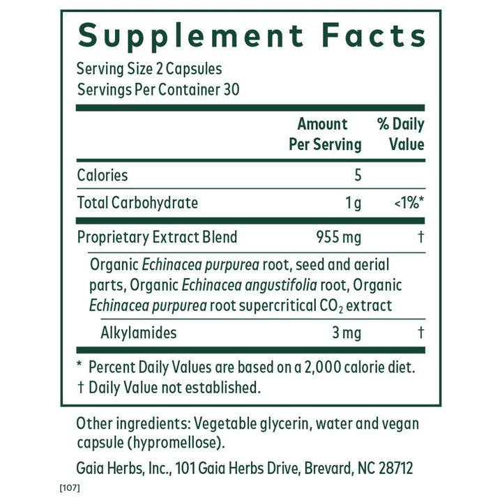 Gaia Herbs Echinacea Blend Supreme Liquid Phyto-Capsules, 30 Count plus free 30 - Supplement Facts panel