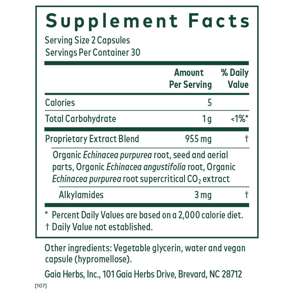 Gaia Herbs Echinacea Blend Supreme Liquid Phyto-Capsules, 30 Count plus free 30 - Supplement Facts panel