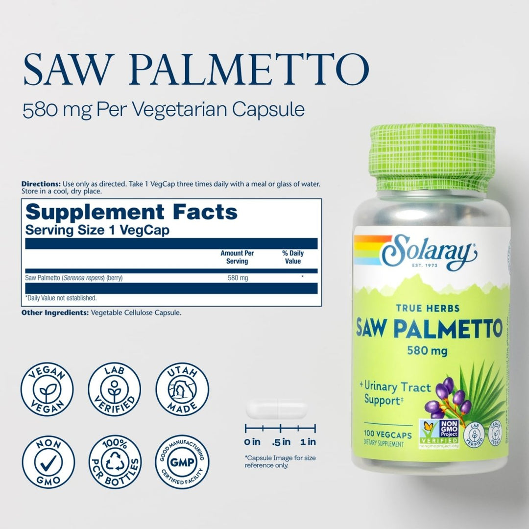 Solaray Saw Palmetto 580mg 100 Vcaps  1550 - Supplement Facts panel