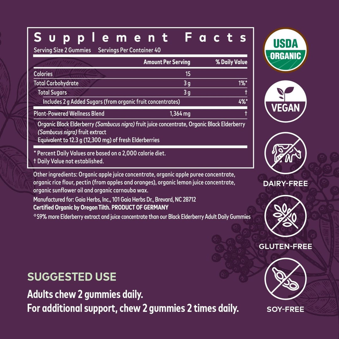 Gaia Herbs Black Elderberry Extra Strength 80 Gummies - Supplement Facts panel