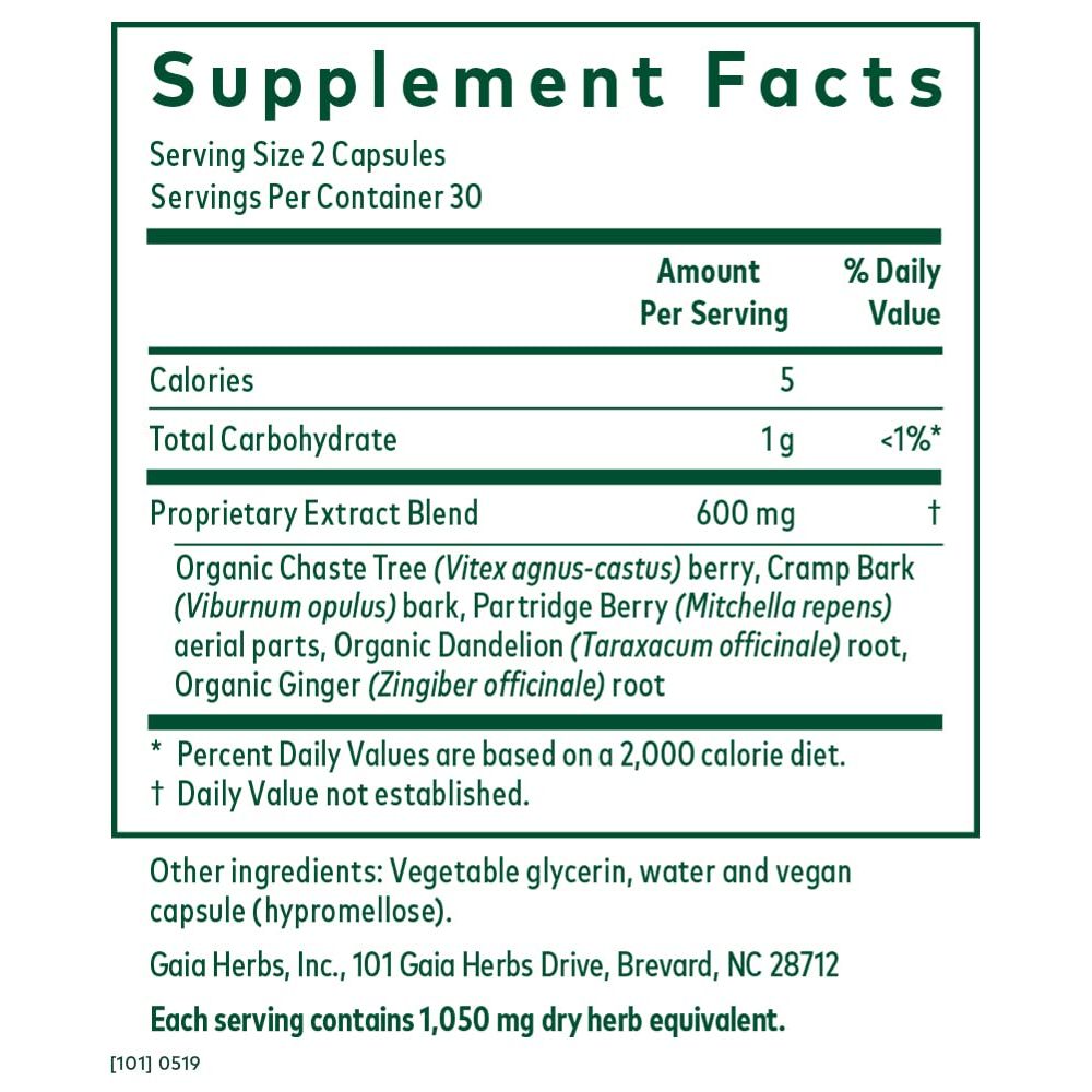 Gaia PRO Vitex Reproductive Formula - Supports Healthy Reproductive Function - with Organic Dandelion Root, Chaste Tree, Ginger Root, Cramp Root &amp; More - 60 Vegan Liquid Phyto-Capsules (30 Servings) - Supplement Facts panel