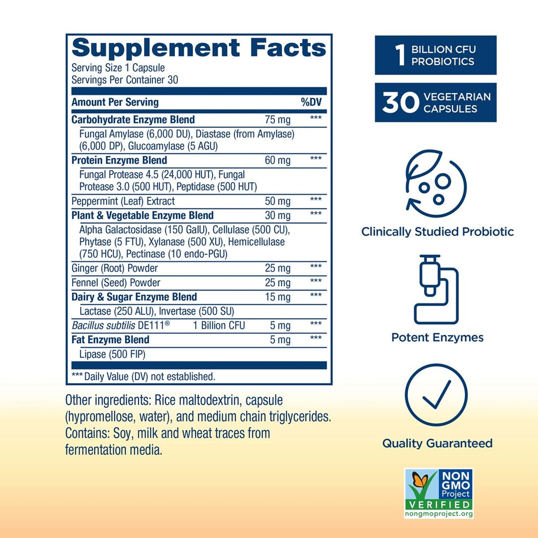 Renew Life Digestive Duo Probiotic + Enzymes 30 Vcaps - Supplement Facts panel