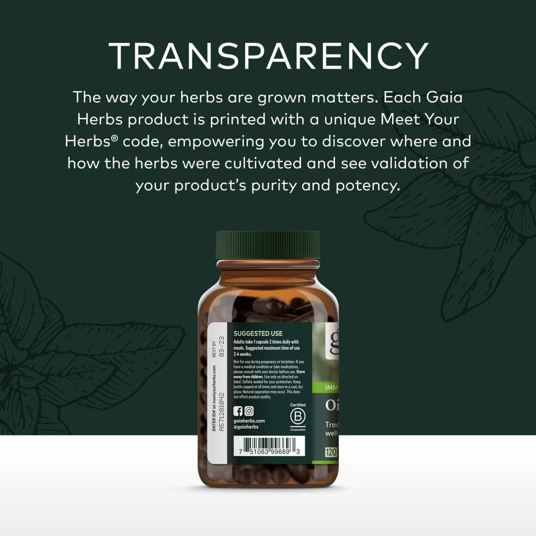 Gaia Herbs Oil of Oregano Vegan Liquid Capsules - 120 Count - Supplement Facts panel