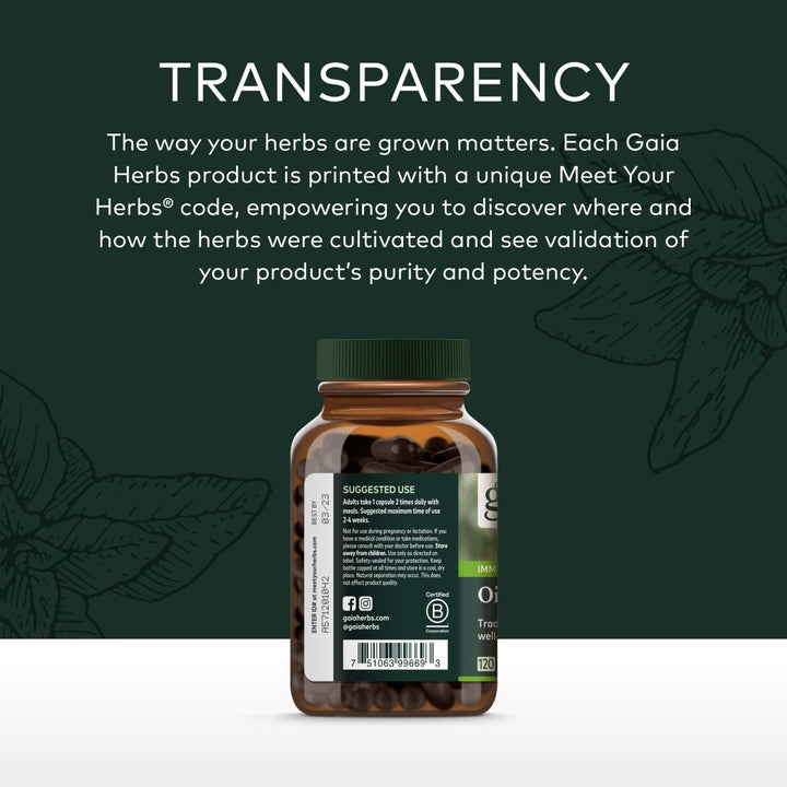 Gaia Herbs Oil of Oregano Vegan Liquid Capsules - 120 Count - Supplement Facts panel