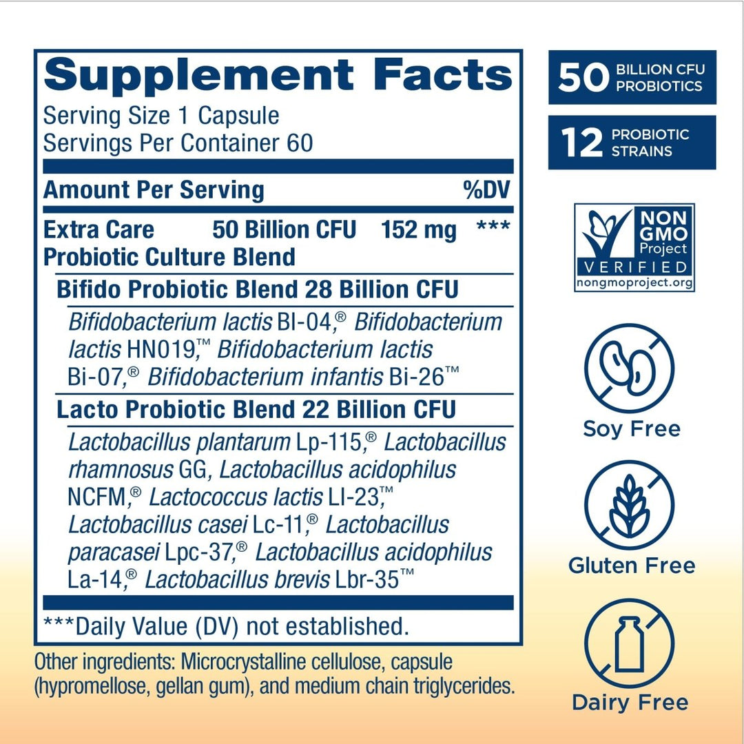Renew Life Ultimate Flora Extra Care Probiotic 50 Billion 60 Vcaps - Supplement Facts panel