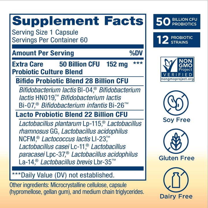 Renew Life Ultimate Flora Extra Care Probiotic 50 Billion 60 Vcaps - Supplement Facts panel