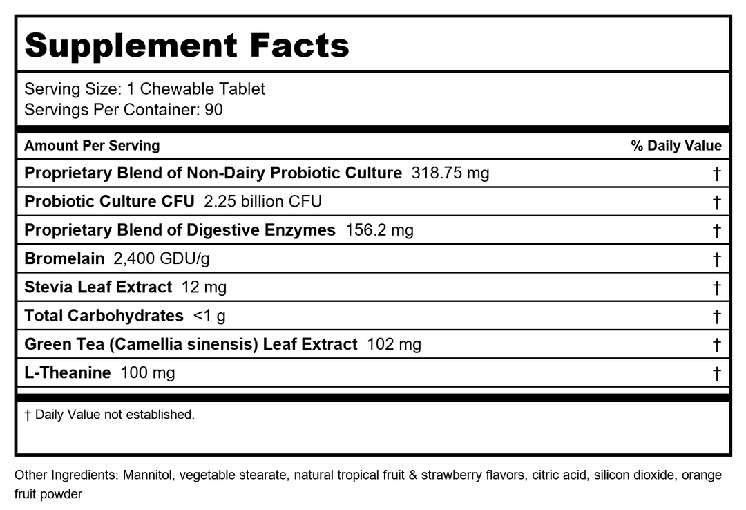 DAVINCI Labs Chewable Kidbiotic - Kids Probiotics to Support Digestion, a Healthy Gut, Brain Health and Immunity - with Probiotics, Amylase, and More - Tropical Fruit Flavor - 90 Chewable Tablets - Supplement Facts panel