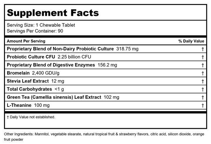 DAVINCI Labs Chewable Kidbiotic - Kids Probiotics to Support Digestion, a Healthy Gut, Brain Health and Immunity - with Probiotics, Amylase, and More - Tropical Fruit Flavor - 90 Chewable Tablets - Supplement Facts panel