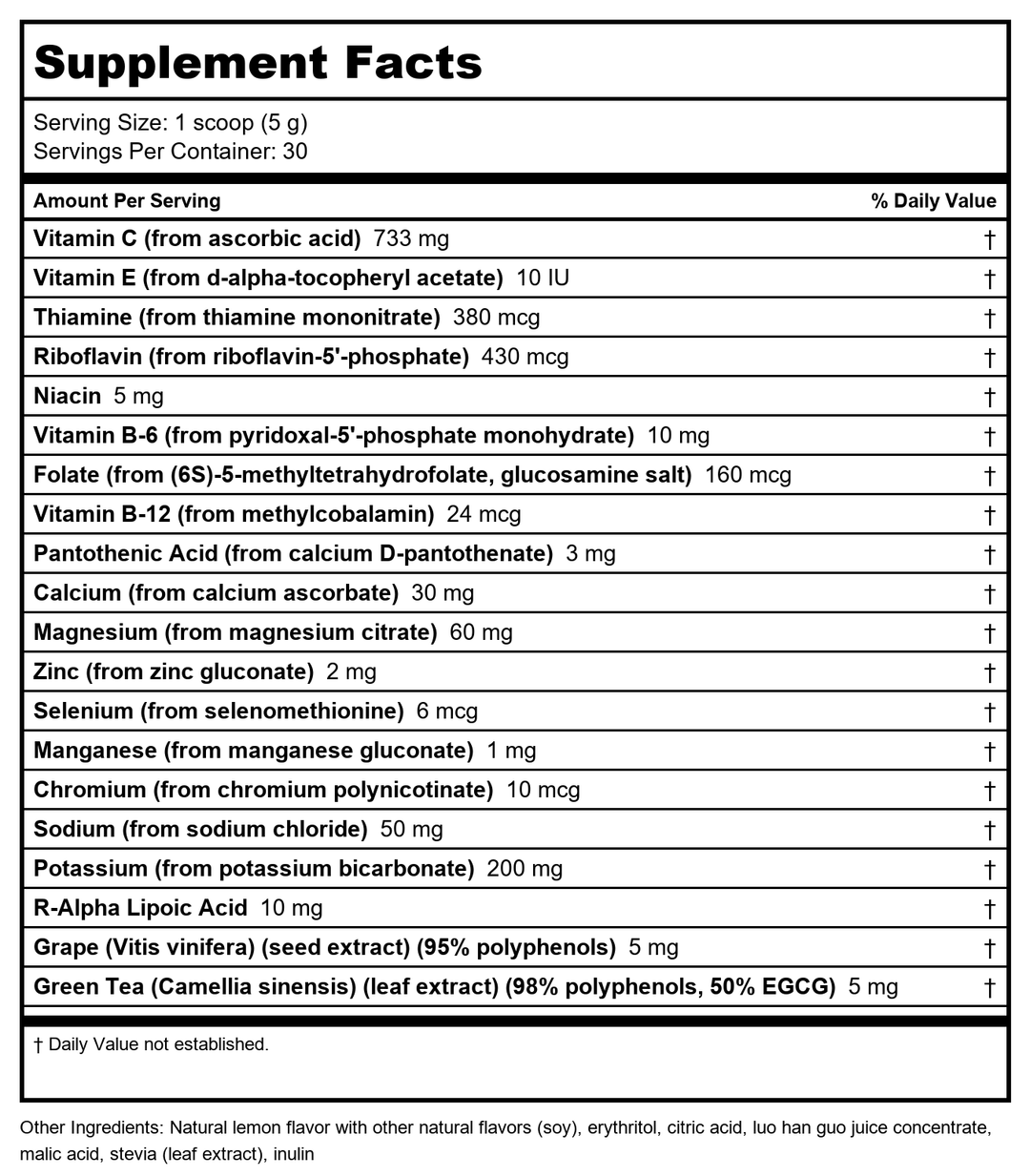 Nutra BioGenesis - Electrolyte Plus C - Delicious Electrolyte Powder with Trace Minerals, Vitamins &amp; Herbal Antioxidants - Gluten Free - 154.2 g - Supplement Facts panel