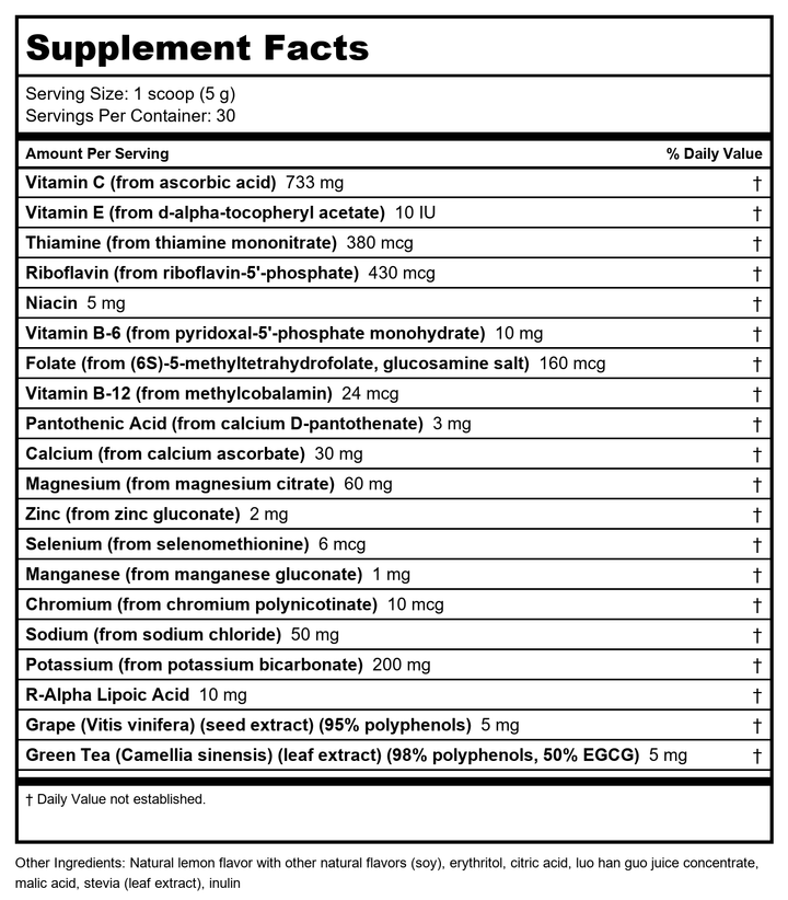 Nutra BioGenesis - Electrolyte Plus C - Delicious Electrolyte Powder with Trace Minerals, Vitamins &amp; Herbal Antioxidants - Gluten Free - 154.2 g - Supplement Facts panel