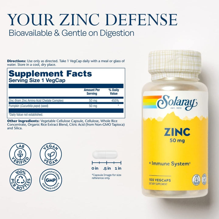 Solaray Zinc 50mg 100 Serv, 100 VegCaps - Supplement Facts panel