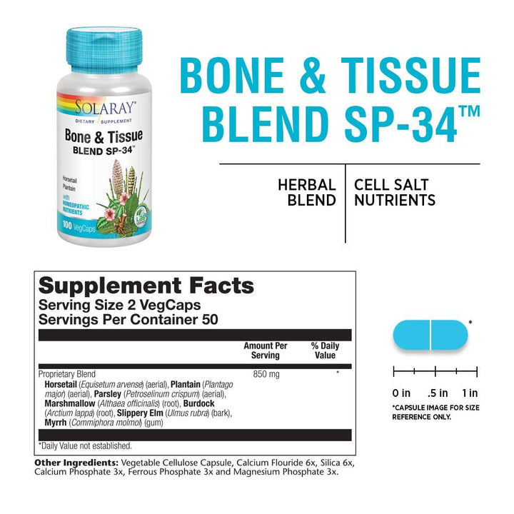 Solaray Bone and Tissue Blend SP-34 | Herbal Blend w/Cell Salt Nutrients for Healthy Bones &amp; Connective Tissues Support | 50 Servings | 100 VegCaps - Supplement Facts panel