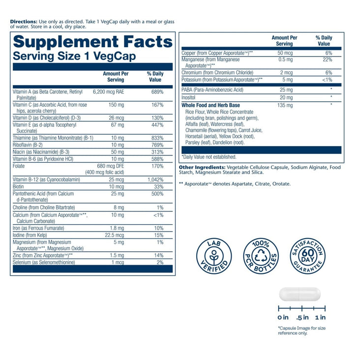SOLARAY Once Daily High Energy Multivitamin 60 Vcaps - Supplement Facts panel