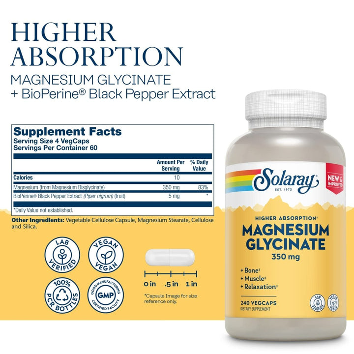 Solaray Magnesium Glycinate, New &amp; Improved Fully Chelated Bisglycinate with BioPerine, High Absorption Formula, Stress, Bones, Muscle &amp; Relaxation Support, 60 Day Guarantee, 60 Servings, 240 VegCaps - Supplement Facts panel
