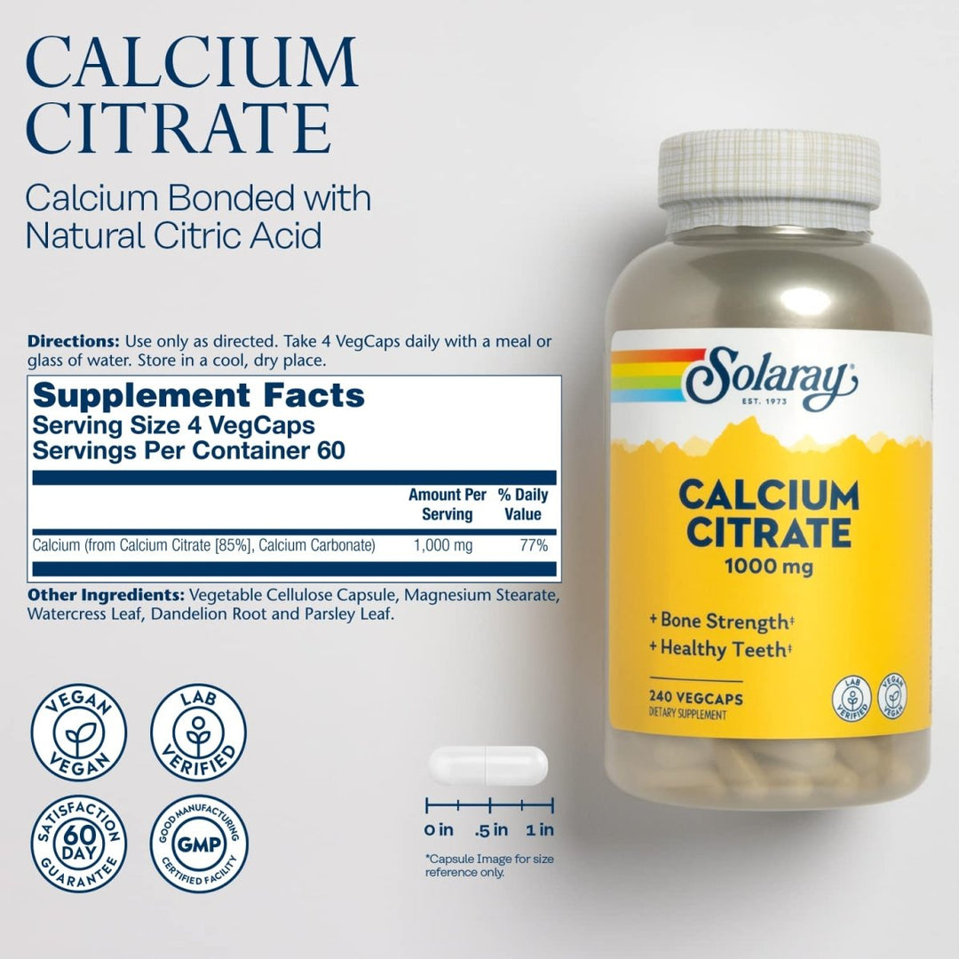 Solaray Calcium Citrate 1000mg, 240 Count - Supplement Facts panel