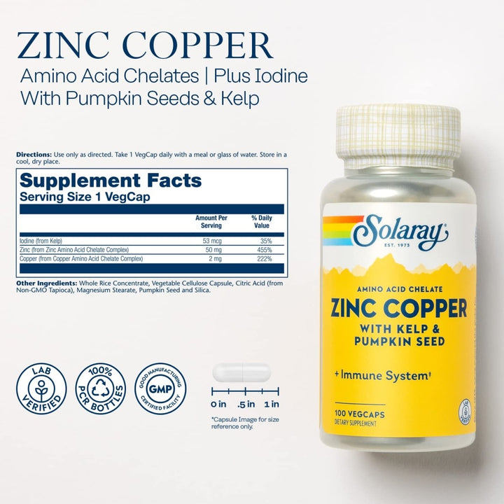 Solaray Zinc Copper Amino Acid Chelate - 100 VegCaps  47105 - Supplement Facts panel