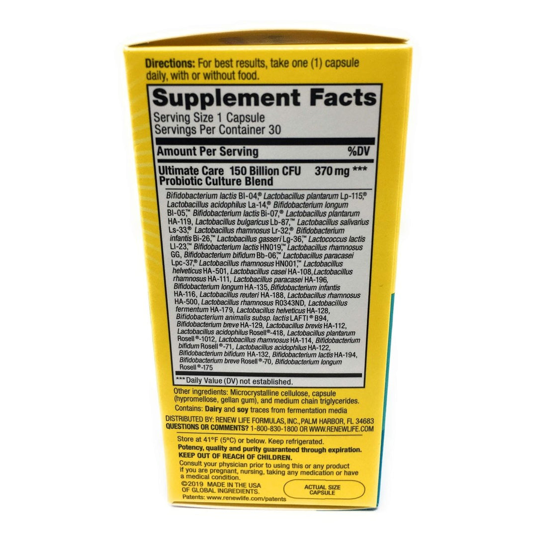 Renew Life Ultimate Flora Care 150 Billion - 30 Capsules - Supplement Facts panel