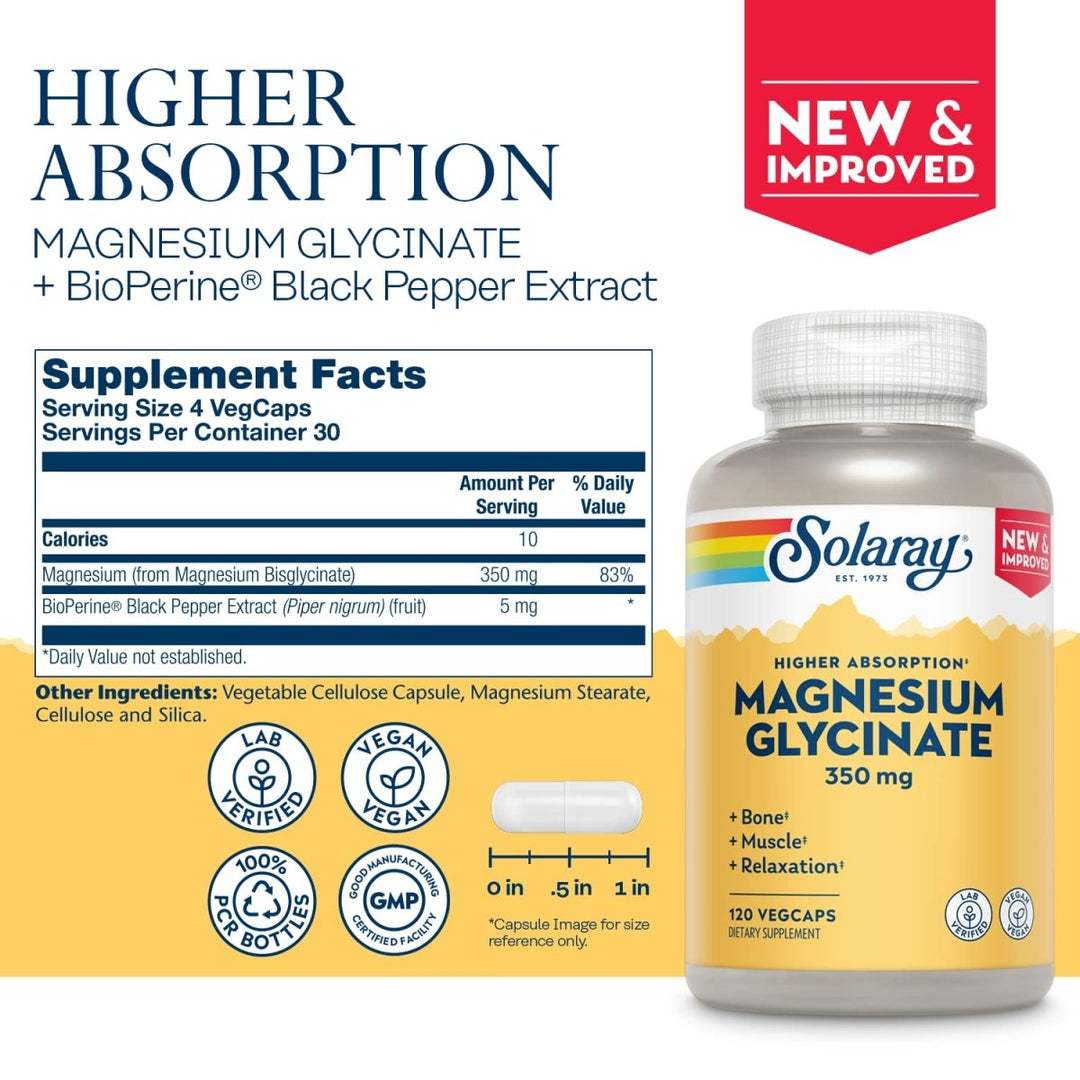 Solaray Magnesium Glycinate, New &amp; Improved Fully Chelated Bisglycinate with BioPerine, High Absorption Formula, Stress, Bones, Muscle &amp; Relaxation Support, 60 Day Guarantee (30 Servings, 120 VegCaps) - Supplement Facts panel