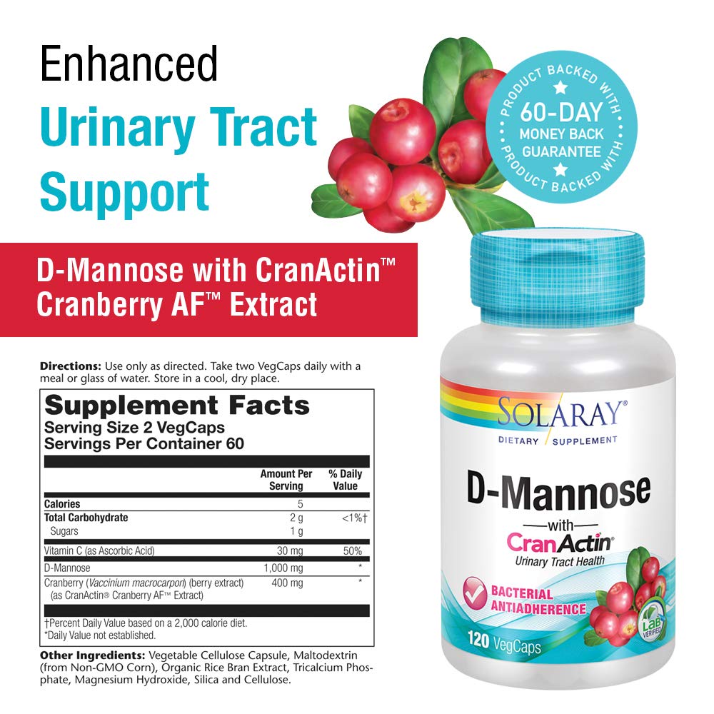 SOLARAY -  D-Mannose with CranActin 1000mg - 120 Count - Supplement Facts panel