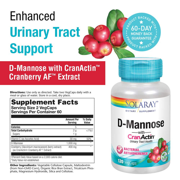 SOLARAY -  D-Mannose with CranActin 1000mg - 120 Count - Supplement Facts panel