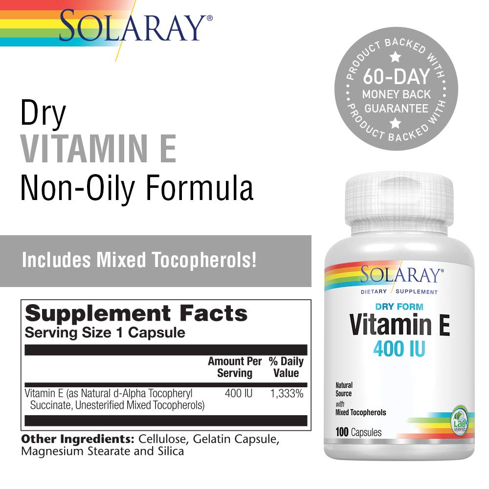 SOLARAY Vitamin E, Dry 400 IU w/Mixed Tocopherols Non-Oily Healthy Cardiac Function, Antioxidant Activity &amp; Skin Health Support 100 Capsules - Supplement Facts panel