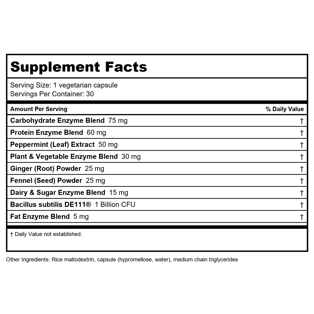 Renew Life Adult Digestive Enzyme - L-Glutamine, DigestMore Plant-Based Foods Enzyme Formula for Men &amp; Women, Smooths Digestive Tract, Vegetarian, 90 Capsules - Supplement Facts panel