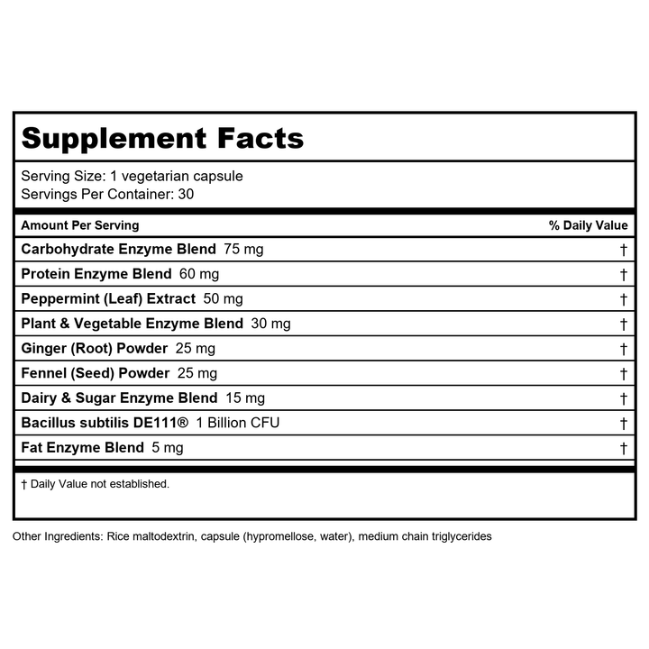 Renew Life Adult Digestive Enzyme - L-Glutamine, DigestMore Plant-Based Foods Enzyme Formula for Men &amp; Women, Smooths Digestive Tract, Vegetarian, 90 Capsules - Supplement Facts panel