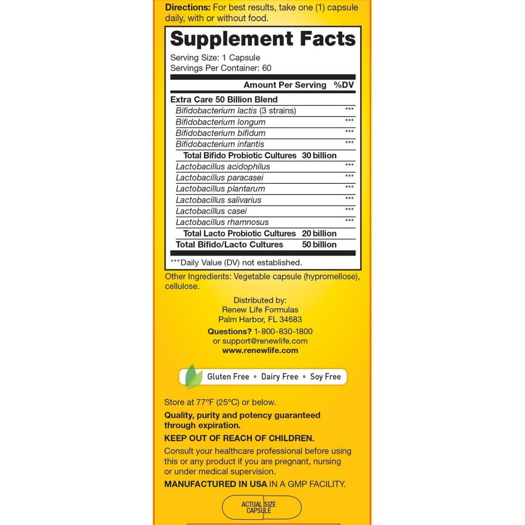 Renew Life Extra Care Ultimate Flora Probiotic 50 Billion Go Pack, 60 CT - Supplement Facts panel