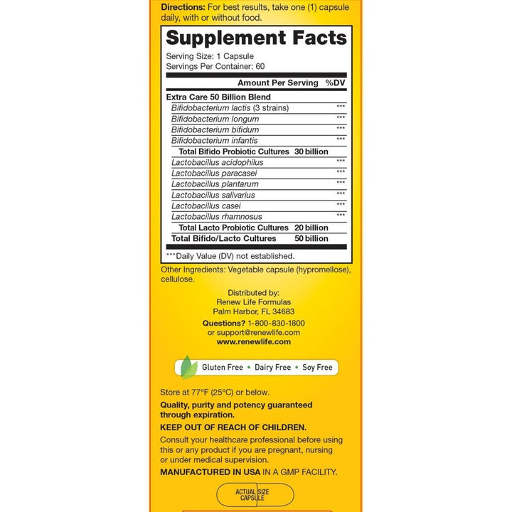 Renew Life Extra Care Ultimate Flora Probiotic 50 Billion Go Pack, 60 CT - Supplement Facts panel
