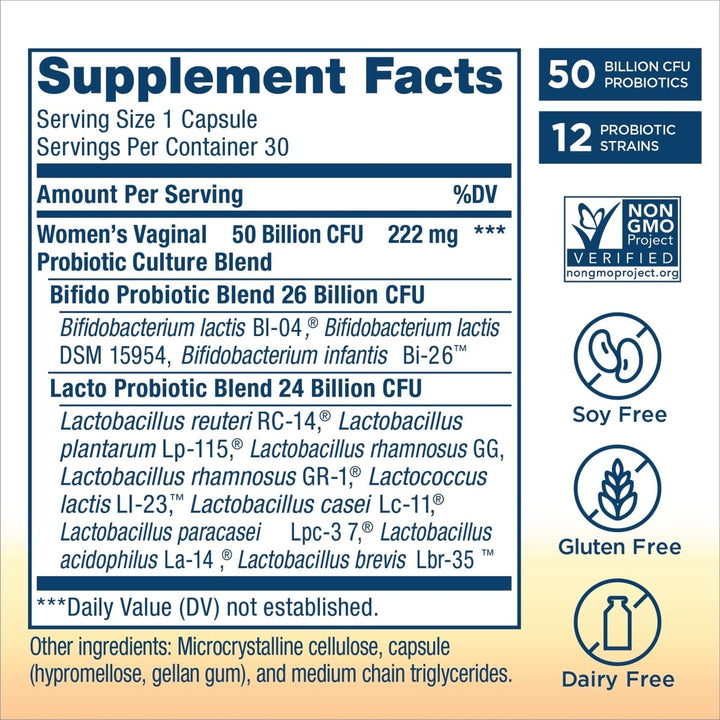 Renew Life Womens Wellness, Womens Care Probiotic, 4-in-1: Vaginal, Urinary, Digestive and Immune Support, 50 Billion CFU Per Capsule Guaranteed, 12 Strains; Shelf-Stable Probiotic, 30 ct.* - Supplement Facts panel
