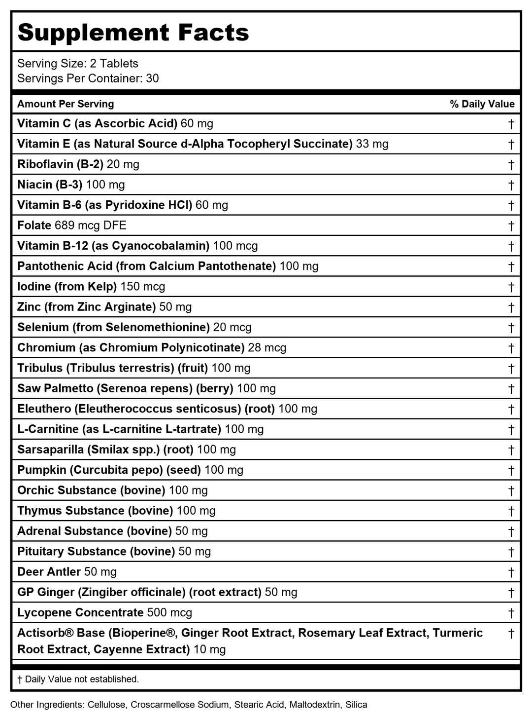 KAL Virility for Men 60 Tabs - Supplement Facts panel