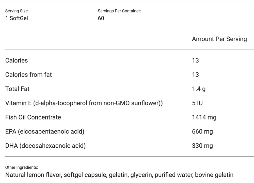 Nutritional Fundamentals for Health Trident SAP 66:33 60 gels - Supplement Facts panel