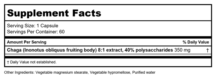 NFH - Chaga SAP - 60 Capsules - Supplement Facts panel