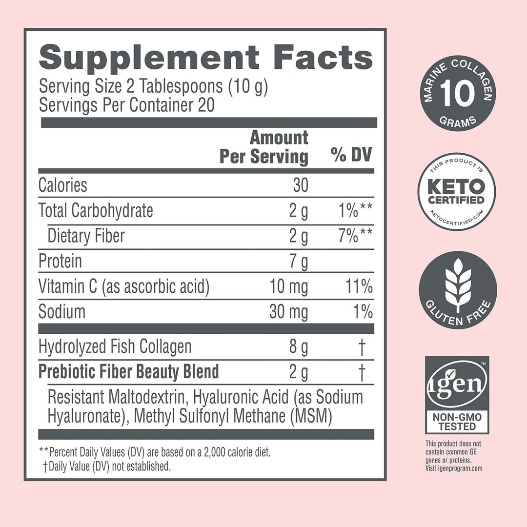 NeoCell Marine Collagen with Beauty Blend; for Skin Hydration; Healthy Hair, Nails and Joint Support; Keto Certified, Gluten Free; Unflavored Powder, 7 Ounces, 20 Servings* - Supplement Facts panel