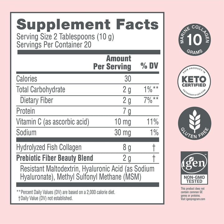 NeoCell Marine Collagen with Beauty Blend; for Skin Hydration; Healthy Hair, Nails and Joint Support; Keto Certified, Gluten Free; Unflavored Powder, 7 Ounces, 20 Servings* - Supplement Facts panel
