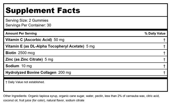 NeoCell Hair, Skin and Nails Beauty Builder With Collagen, Biotin and Vitamin C, Includes Antioxidants, Gummy, Lemon, 60 Count, 1 Bottle - Supplement Facts panel