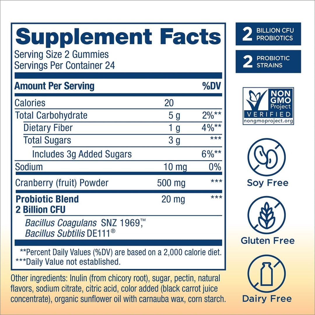 Renew Life Probiotics for Women Gummies, 2 Billion CFU, with Prebiotics, Probiotics &amp; Cranberry, 48 Gummies - Supplement Facts panel