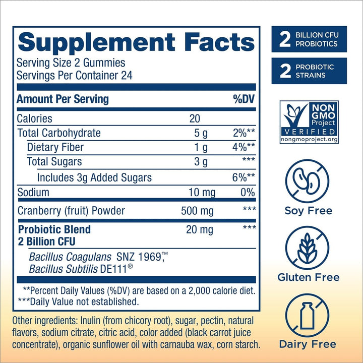 Renew Life Probiotics for Women Gummies, 2 Billion CFU, with Prebiotics, Probiotics &amp; Cranberry, 48 Gummies - Supplement Facts panel