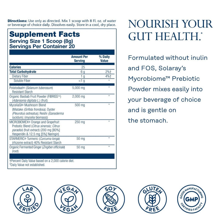 SOLARAY Mycrobiome Prebiotic Powder, Prebiotics for Women and Men, Digestive Nutritional Supplements for Colon and Gut Health, Non-Gritty, Easy-to-Mix, Non-Bloating Formula, 20 Servings, 5.64 OZ - Supplement Facts panel