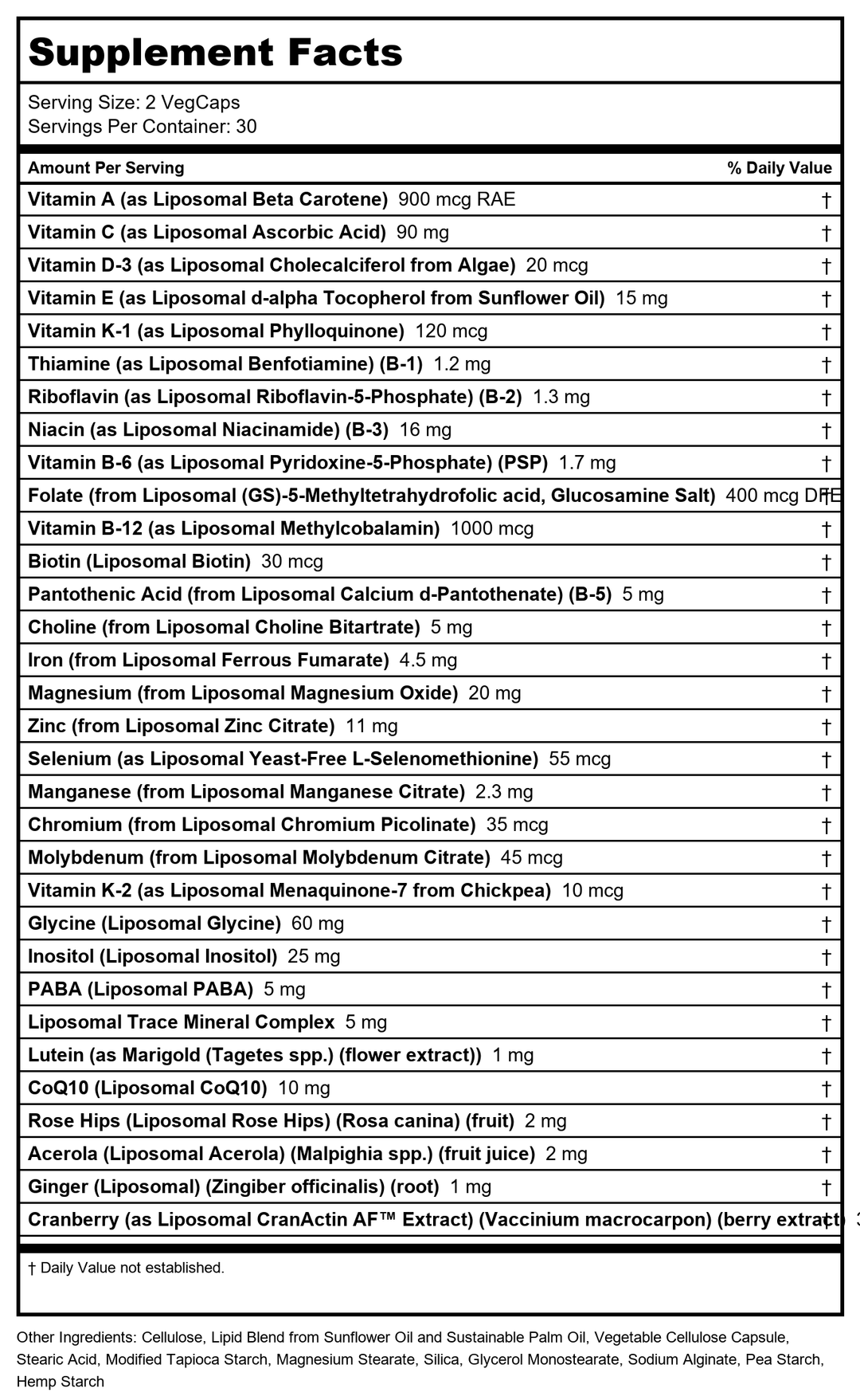 Solaray Liposomal Multivitamin for Women 50 Plus, Enhanced Absorption with Iron, Vitamin D, Vitamin C, B12, Biotin &amp; More, Immune Support &amp; Bone Health, Vegan, 30 Servings, 60 VegCaps - Supplement Facts panel