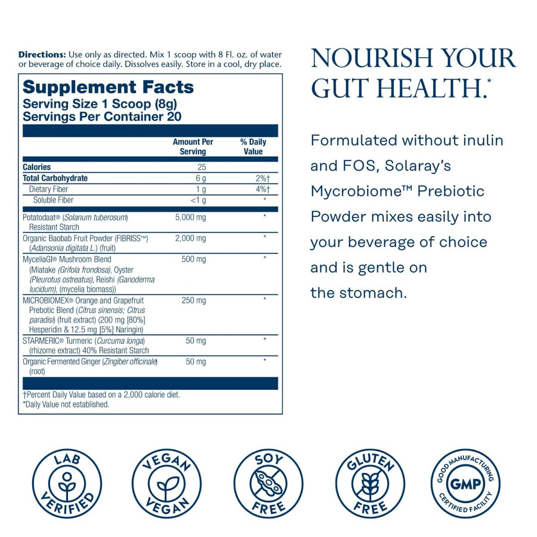 SOLARAY Mycrobiome Prebiotic Powder, Prebiotics for Women and Men, Digestive Nutritional Supplements for Colon and Gut Health, Easy-to-Mix, Non-Bloating Formula, Citrus Flavor, 20 Servings, 5.64 OZ - Supplement Facts panel
