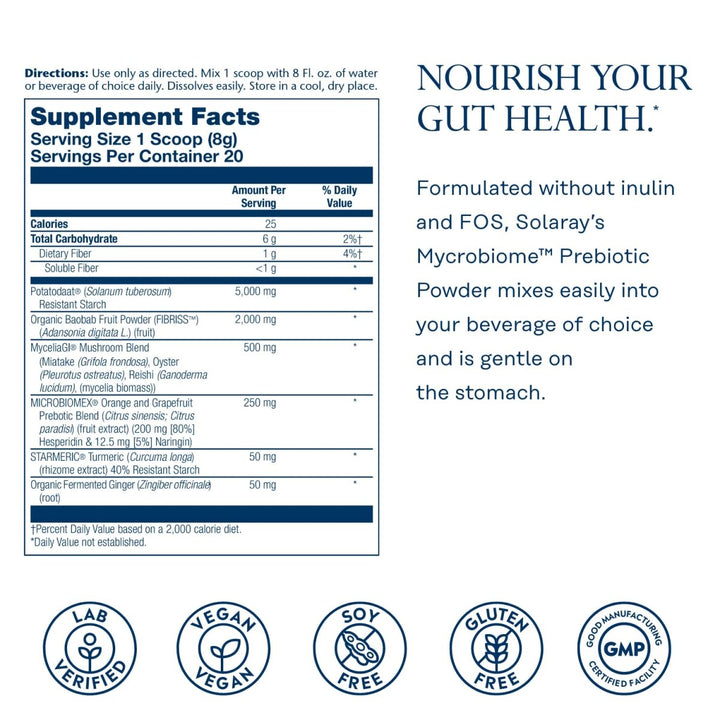 SOLARAY Mycrobiome Prebiotic Powder, Prebiotics for Women and Men, Digestive Nutritional Supplements for Colon and Gut Health, Easy-to-Mix, Non-Bloating Formula, Citrus Flavor, 20 Servings, 5.64 OZ - Supplement Facts panel