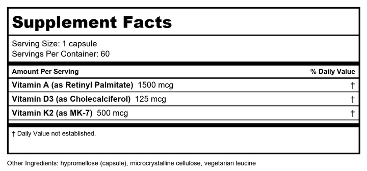 Davinci ADK 60 Capsules - 3 Pack - Supplement Facts panel