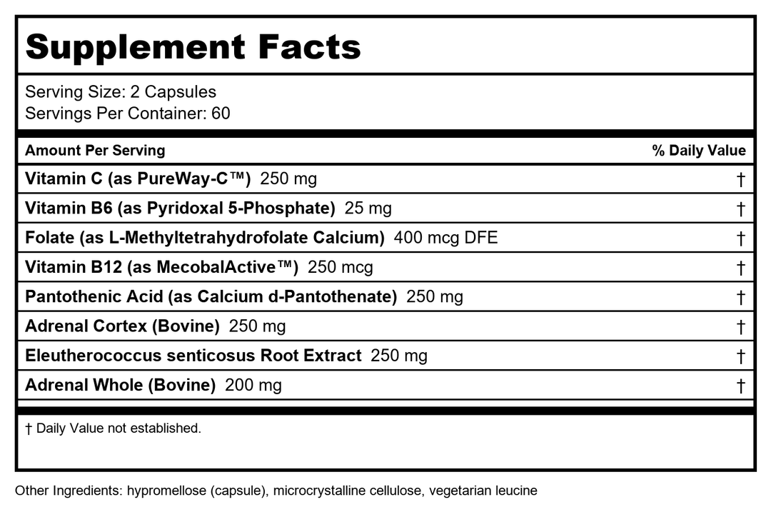 Davinci Adrenal Benefits 120 capsules - Supplement Facts panel