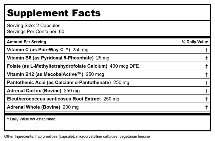 Davinci Adrenal Benefits 120 capsules - Supplement Facts panel