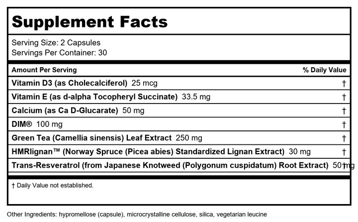 Davinci Estro Benefits 60 Capsules - Supplement Facts panel